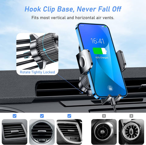 Blukar Air Vent Car Phone Holder – 360° Rotation Mount for 4.0''–6.7'' Phones (Black)