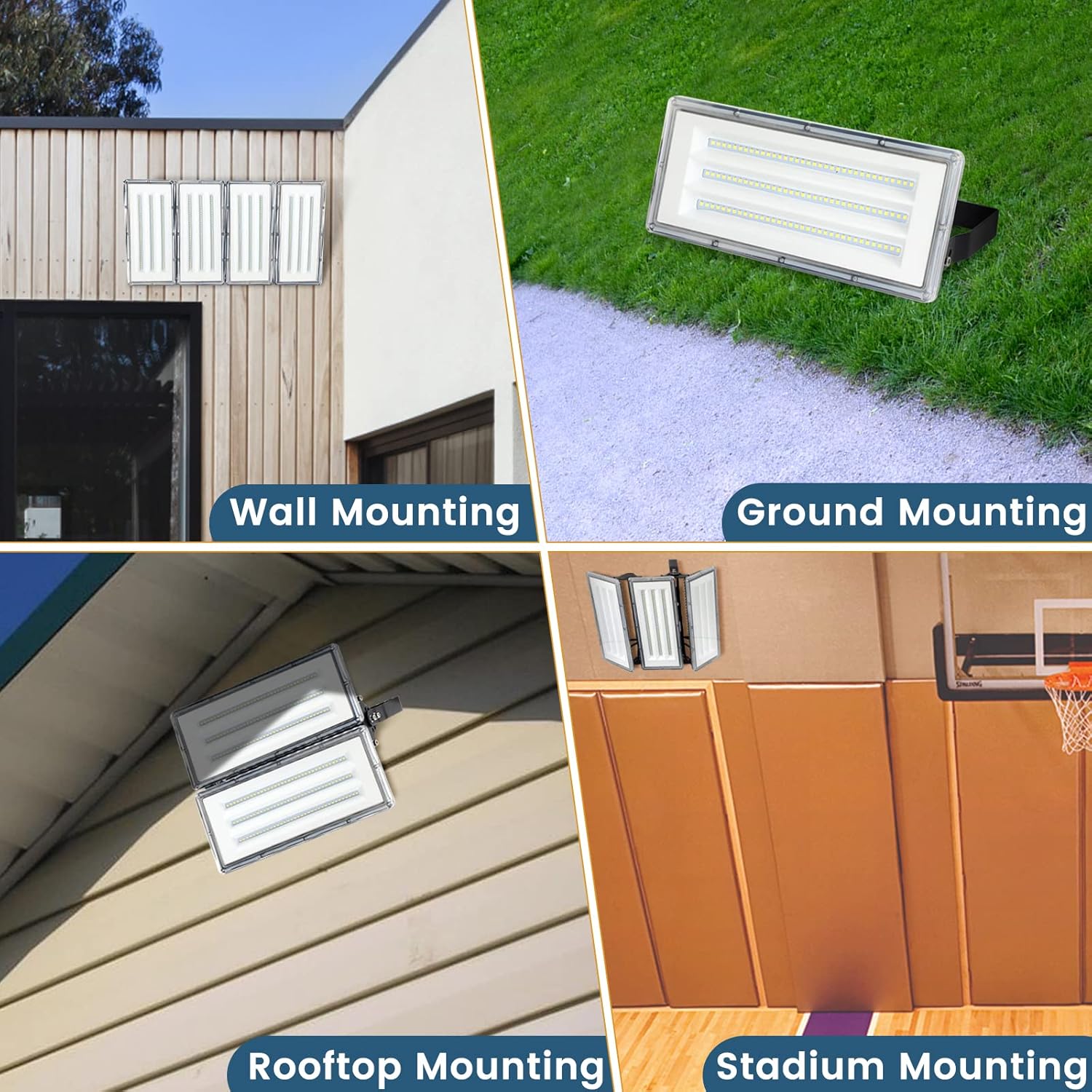 Collage of a floodlight being mounted on a wall, ground, rooftop, and stadium.