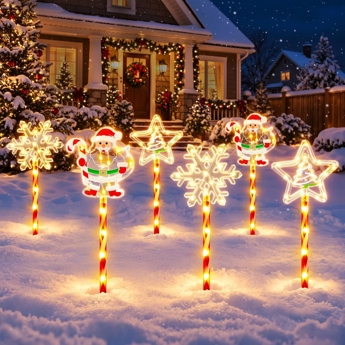 GEARLITE Solar Christmas Lights 6Pack Santa Snowflake Star Candy Cane Light