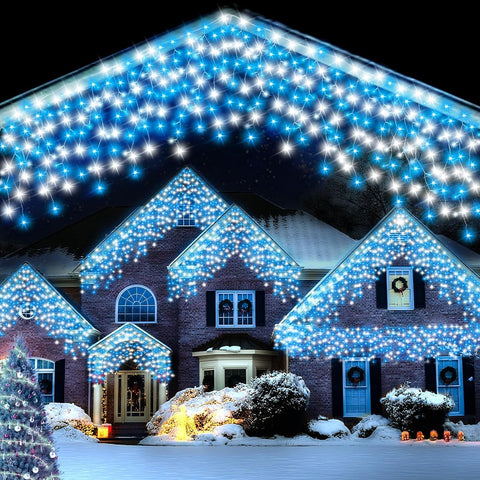 Christmas Icicle Lights Outdoor Blue & White 480 LED 50ft – 8 Modes, Timer & Memory Waterproof LED Christmas Lights for Eaves, Fences, Patios & Gardens