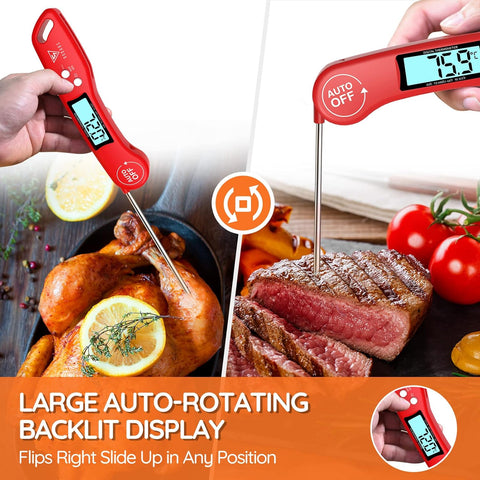 Digital Instant Read Meat Thermometer Red – Ultra-Fast Cooking Probe with Backlit LCD