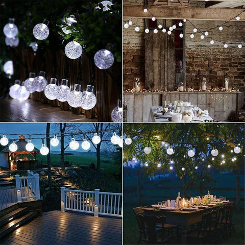 36ft solar garden lights with 60 LED crystal balls – UK outdoor use.

