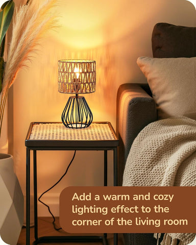 EDISHINE Boho Rattan Table Lamp with Handwoven Paper Shade – 4W E27 LED Bulb, Warm 2700K Bedside & Living Room Table Light