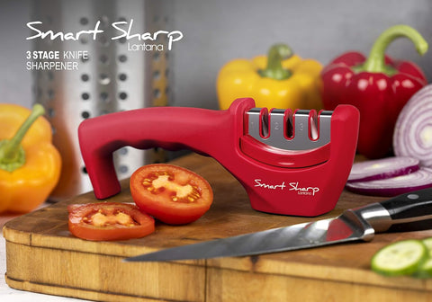 Smart Sharp 3-Stage Knife Sharpener – Professional Manual Kitchen Knife Sharpening Tool with Ceramic Stone, Tungsten Carbide, and Diamond Rods – Ergonomic Non-Slip Design, Red/Chrome Finish