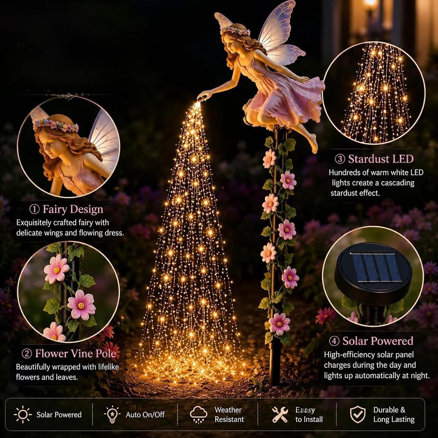 Solar Garden Lights, Waterproof Fairy LED Outdoor Decoration, 24x10.62 Inch