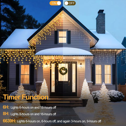 14M 360 LED Christmas Icicle Lights Outdoor Mains Powered with Remote – Warm White, 8 Modes, Timer & IP54 Waterproof - Turn Your Home Into a Winter Glow