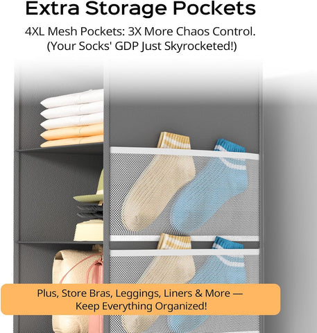 Extra Deep 6-Shelf Hanging Wardrobe Organiser, Grey – Heavy-Duty Foldable Clothes Storage with 4 Large Mesh Pockets