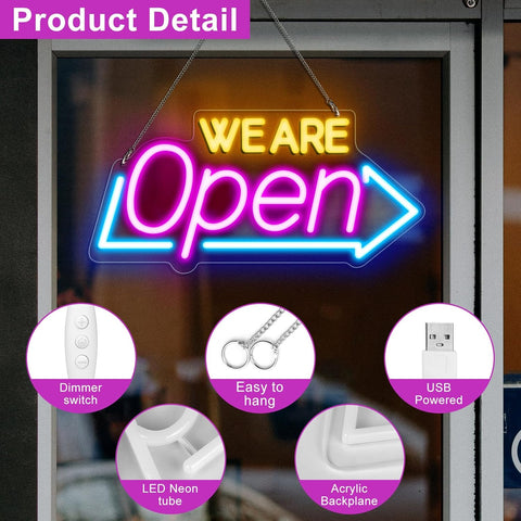 LED Neon WE ARE OPEN Sign 16"x7.8" – Ultra Bright Open Sign for Business, Shop, Bar, Restaurant, Store Wall Decor (Blue Pink Orange)