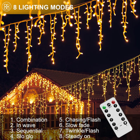 DBFAIRY 6M 300 LED Warm White Christmas Icicle Lights with Remote, Timer & 8 Lighting Modes – Bring a Cosy Winter Glow to Your Windows and Eaves