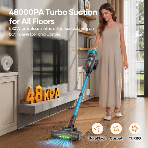 ElecKeys K10 Cordless Vacuum Cleaner, 48Kpa 580W Powerful Stick Vacuum with 65Mins Runtime, Anti-Tangle Self-Standing Rechargeable Vacuum for Pet Hair, Carpet & Home Cleaning