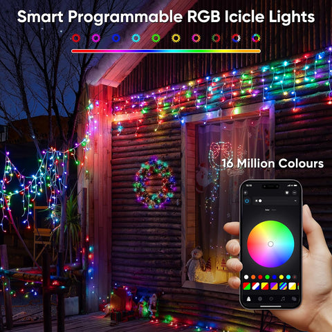 Ollny Smart RGB Icicle Christmas Lights 10m, 286 LED App & Music Sync Outdoor Fairy Lights with Remote, Plug & IP44 Waterproof Design - Turn Your Roofline Into a Colourful Christmas Display
