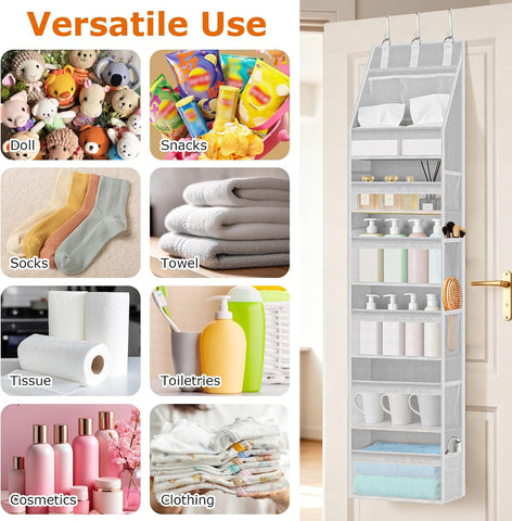 WEIQITAI 6-Tier Over the Door Organiser, Grey Hanging Storage with 6 Clear Front Pockets, 10 Mesh Side Pockets and 3 Metal Hooks