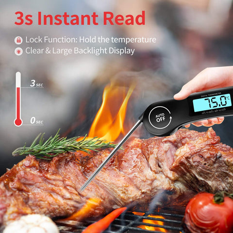 Digital Meat Thermometer Black – Instant Read Food Thermometer with Backlight & Foldable Probe