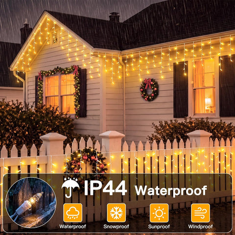 Guhope Outdoor Christmas Icicle Lights 8M 204 LED Warm White Fairy Lights with Remote, Timer & 8 Modes – Create a Cosy Christmas Roofline That Glows All Evening