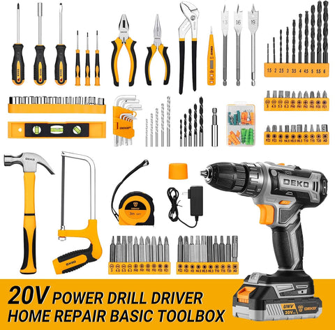 Cordless Drill Tool Kit Set: DEKO 20V Power Drill Tool Box with Battery Electric Drill Driver for Men Home Hand Repair Basic Toolbox Tools Sets Drills Case,186 Pieces