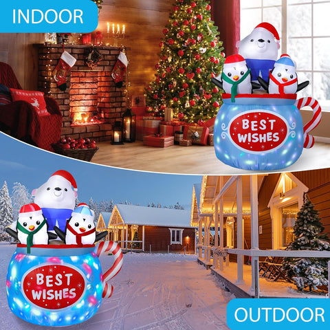 6FT Christmas Inflatable Polar Bear & Penguins Decoration with LED Lights