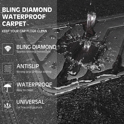 Bling Diamond Car Floor Mats 4pcs Universal Waterproof Black