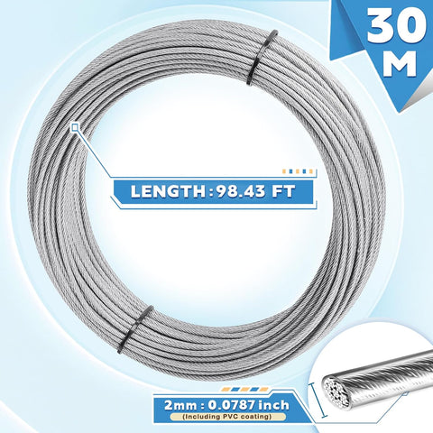 2mm Stainless Steel Catenary Support Wire for Festoon Lights – 10m, 20m & 30m PVC Coated Hanging Cable for Gardens, Patios & Pergolas