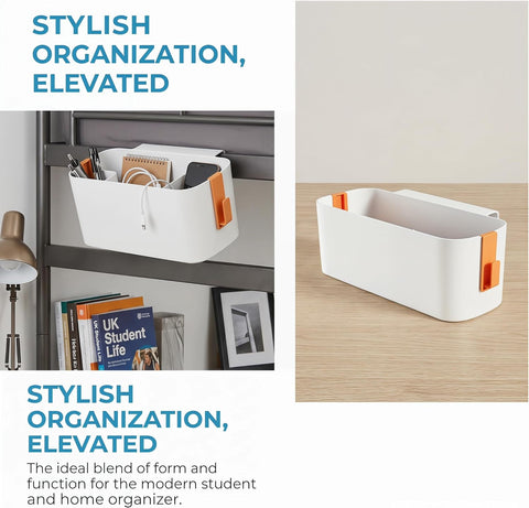 Lirynox 2-Pack Bedside Hanging Storage Baskets, Orange & Green ABS Plastic Bed Caddies with 4 Detachable Hooks, Tissue Holder & Space-Saving Organisers