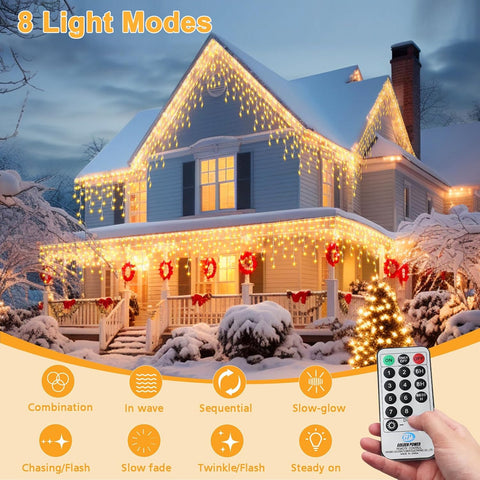 14M 360 LED Christmas Icicle Lights Outdoor Mains Powered with Remote – Warm White, 8 Modes, Timer & IP54 Waterproof - Turn Your Home Into a Winter Glow
