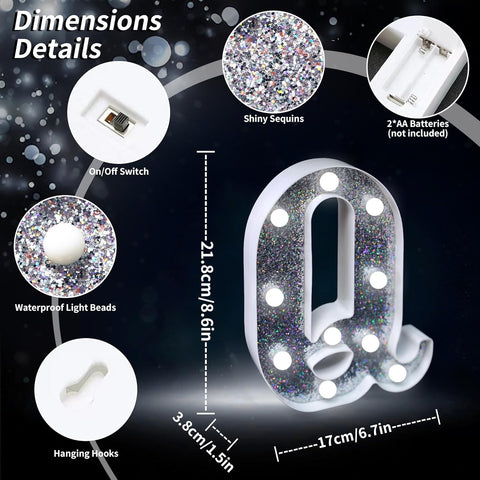 Letter Q Style LED Marquee Lamp, Silver Glitter Light Up Letter Sign, Battery Powered Tabletop Decorative Marquee Light with On/Off Switch for Wedding, Birthday, Party and Home Decor