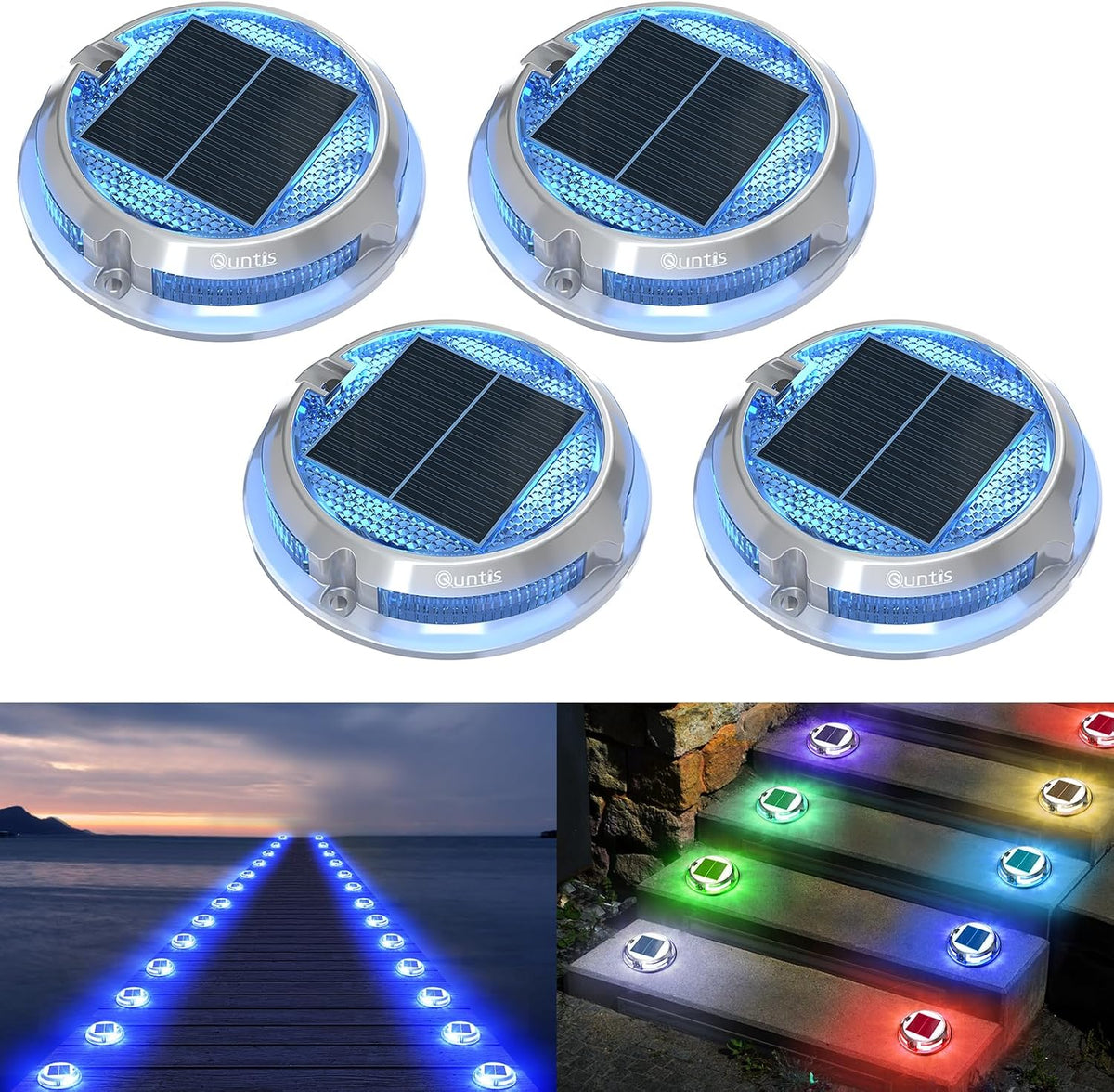 Quntis Solar Decking Lights Outdoor Garden 4 Pack Aluminum IP68 Waterproof