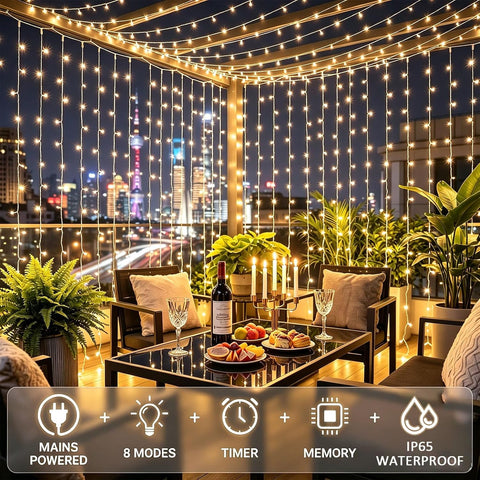 300 LED Curtain Fairy Lights 3m x 3m – Plug-In Warm White Christmas Curtain Lights with 8 Modes, Timer & Memory, IP65 – Turn Blank Windows into a Cosy Glow