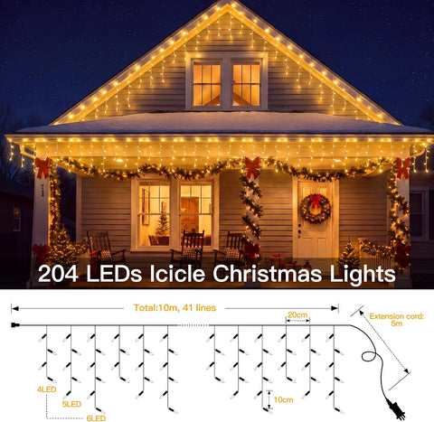 Guhope Outdoor Christmas Icicle Lights 8M 204 LED Warm White Fairy Lights with Remote, Timer & 8 Modes – Create a Cosy Christmas Roofline That Glows All Evening