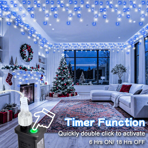20M Blue White Icicle Lights Outdoor – 480 LED Waterproof Fairy Lights with Timer