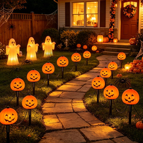 2 Sets 7ft Halloween Pathway Lights, Outdoor Pumpkin Stake Lights with 4 Jack-O Lanterns and 4 Stakes for Halloween Decorations Outdoor Walkway