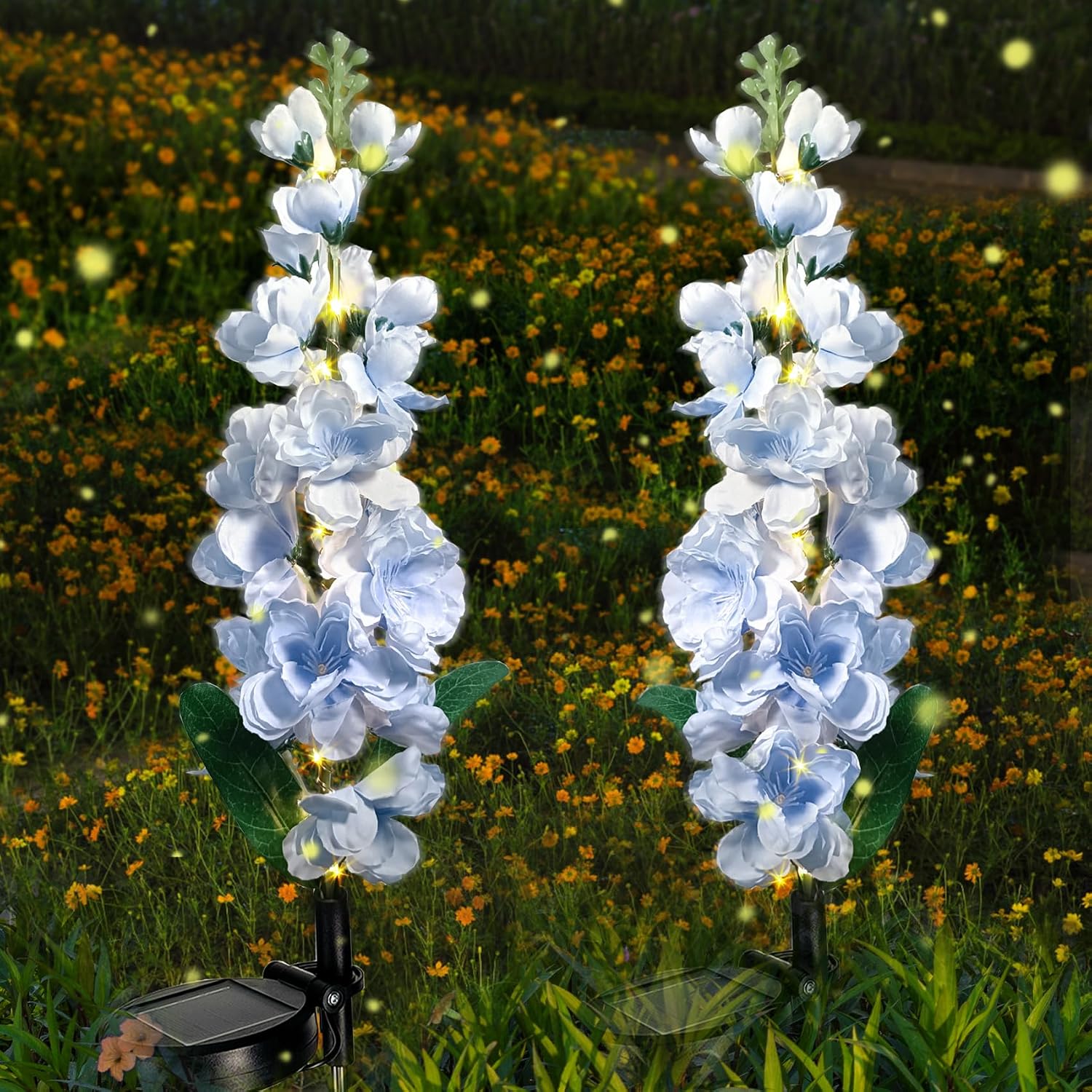 Solar Lights Outdoor, 2 Pack Upgraded Delphinium Solar Garden Lights,Waterproof Outdoor Light Solar Powered,Flower Garden Ornaments for Yard Lawn Patio Porch Pathway Cemetery Decorations (Blue)