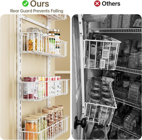 Delamu 8-Tier Over Door Storage Organiser, Adjustable Metal Pantry Shelves, Hanging Spice Rack for Kitchen, Bathroom & Laundry, White