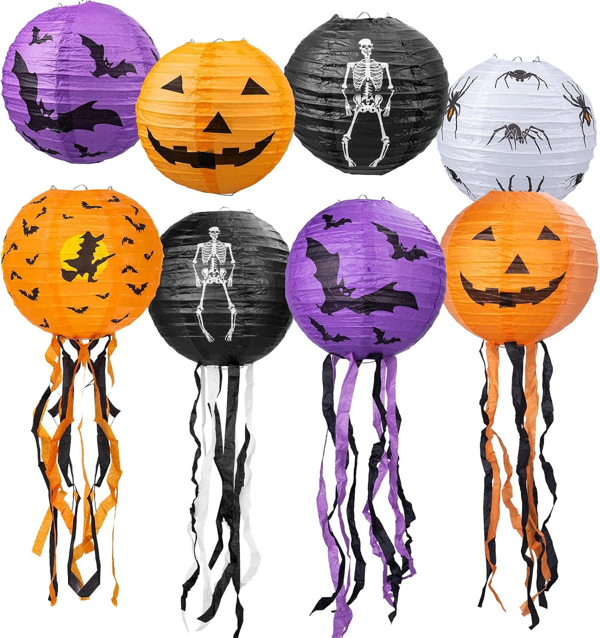 8-Piece Halloween Paper Lanterns with Pumpkin, Bat, Spider, Skeleton & Witch Designs – Foldable Hanging Halloween Decorations for Home, Garden, Parties & Trick-or-Treat Events