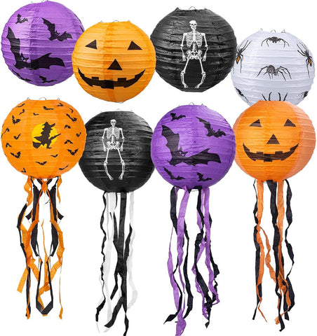 8-Piece Halloween Paper Lanterns with Pumpkin, Bat, Spider, Skeleton & Witch Designs – Foldable Hanging Halloween Decorations for Home, Garden, Parties & Trick-or-Treat Events