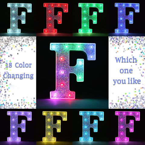 F Style Color Changing LED Letter Light, Glitter Marquee Lamp with 18 Colors, Remote Controlled, Battery Powered Decorative Letter Light for Party, Wedding, Birthday and Home Decor