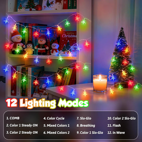 Christmas Lights Battery Operated Star Fairy Lights – 20 LED Colour Changing Christmas Star Lights with 12 Modes, 6-Hour Timer & IP44 Waterproof Design for Indoor & Outdoor Decorations