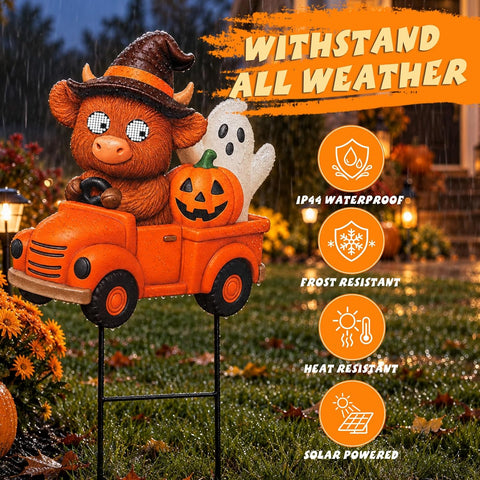 Halloween Highland Cow Solar Yard Stake Light with Moving Eyes, Waterproof Halloween Metal Yard Stake Decorations, Cute Spooky Cow Ghost Pumpkin Truck Garden Decor for Lawn Patio Pathway