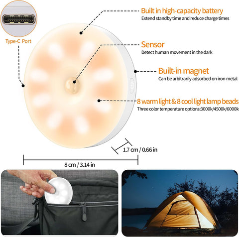 daphomeu 6 Pcs Motion Sensor Lights Indoor USB Rechargeable – LED Night Lights for Bedrooms, Kitchens, Cabinets & Stairs - Let the Light Find You When You Need It