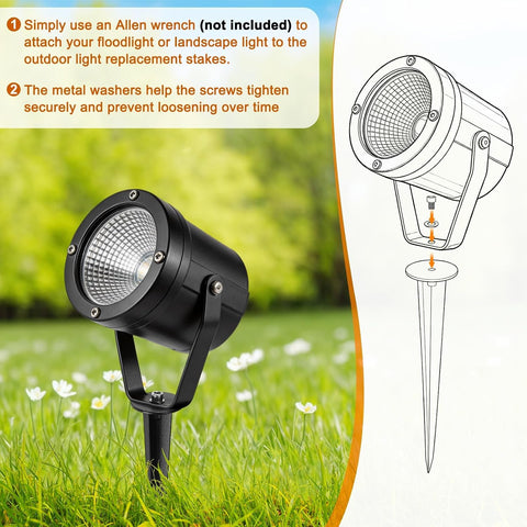 M METERXITY 8-Pack Metal Flood Light Ground Stake, 1.4" Diameter x 6.3" Height Outdoor Light Stakes Replacement for Landscape/Garden/Yard/Lawn/Pathway [Black]