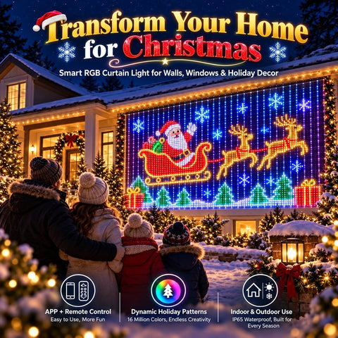 Laspi Smart LED Curtain Lights Christmas 1.6 x 1.6m with 256 RGB LEDs, Bluetooth App & Remote Control - Turn Any Wall Into a Glow-Up Worth Staying In