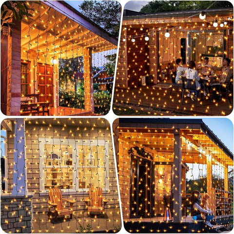 2m x 2m Solar Curtain Lights 204 LED Warm White Waterproof Outdoor Fairy Lights with Remote & 8 Modes – Make Your Garden Glow After Dark