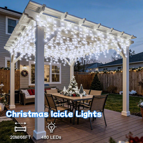 20M 480 LED Icicle Christmas Lights Outdoor – Cool White Mains Powered Fairy Lights with Timer, Memory & IP44 Waterproof Design for Gutter, Roof, Window & Wall - Turn Your Home Into a Winter Glow