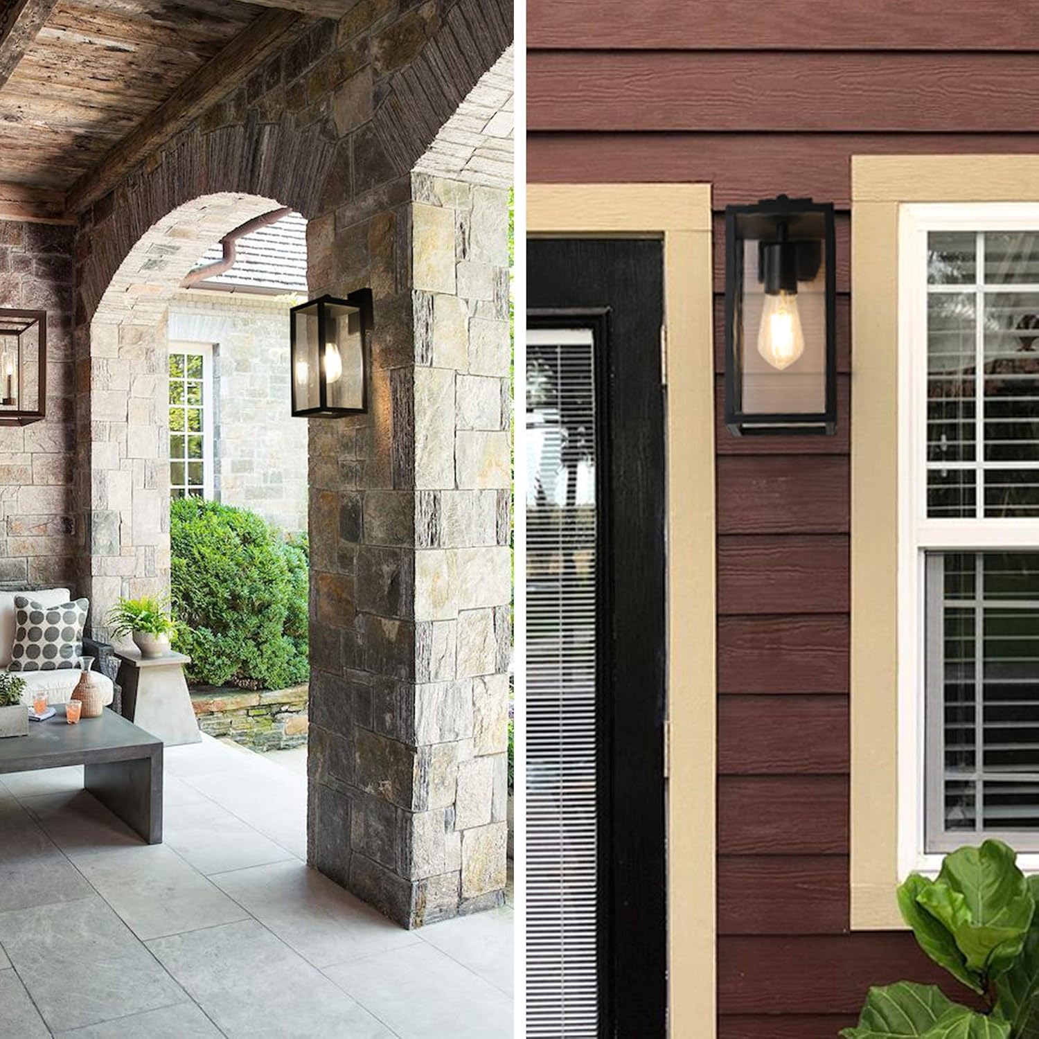 Outdoor wall lights on stone pillar and wooden house exterior