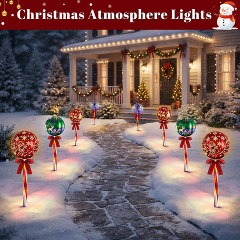 Christmas Pathway Lights Outdoor, 6 pcs Candy Cane Christmas Reindeer Lights with 8 Modes, Outdoor Decorations Light, LED Santa Claus Gift for Yard Path Garden Decor (Red Green - Xmas Ball)