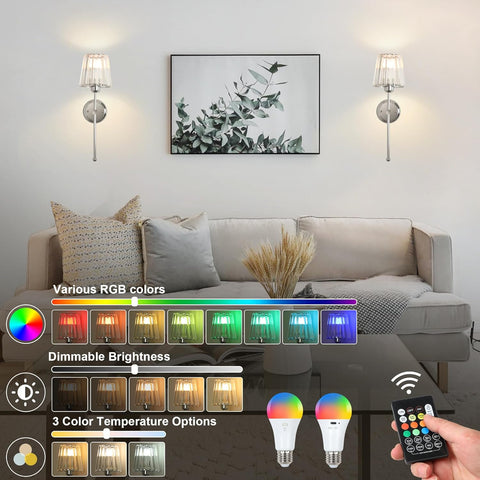 Battery Operated Crystal Wall Lights Set of 2 with Remote USB Rechargeable