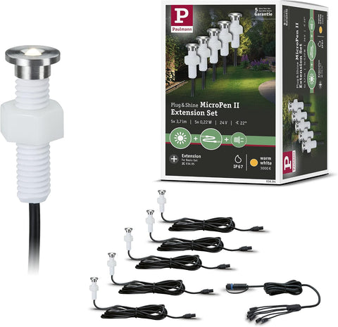 Paulmann 93694 Outdoor Plug & Shine recessed Lighting Extension Set MicroPen II 5x0.22W IP67 3000K Stainless Steel, Silver