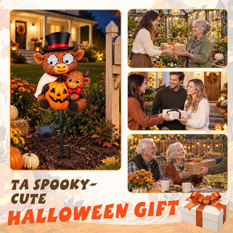 Halloween Highland Cow Solar Yard Stake Light with Moving Eyes, Waterproof Halloween Metal Yard Stake Decorations, Cute Spooky Cow Ghost Pumpkin Truck Garden Decor for Lawn Patio Pathway