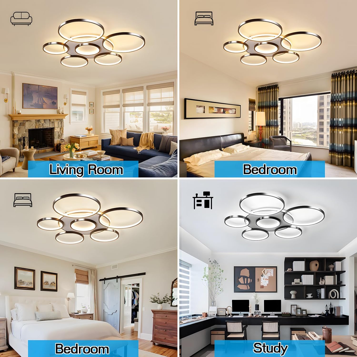 Ceiling light fixture shown in various room settings including living room, bedroom, and study.