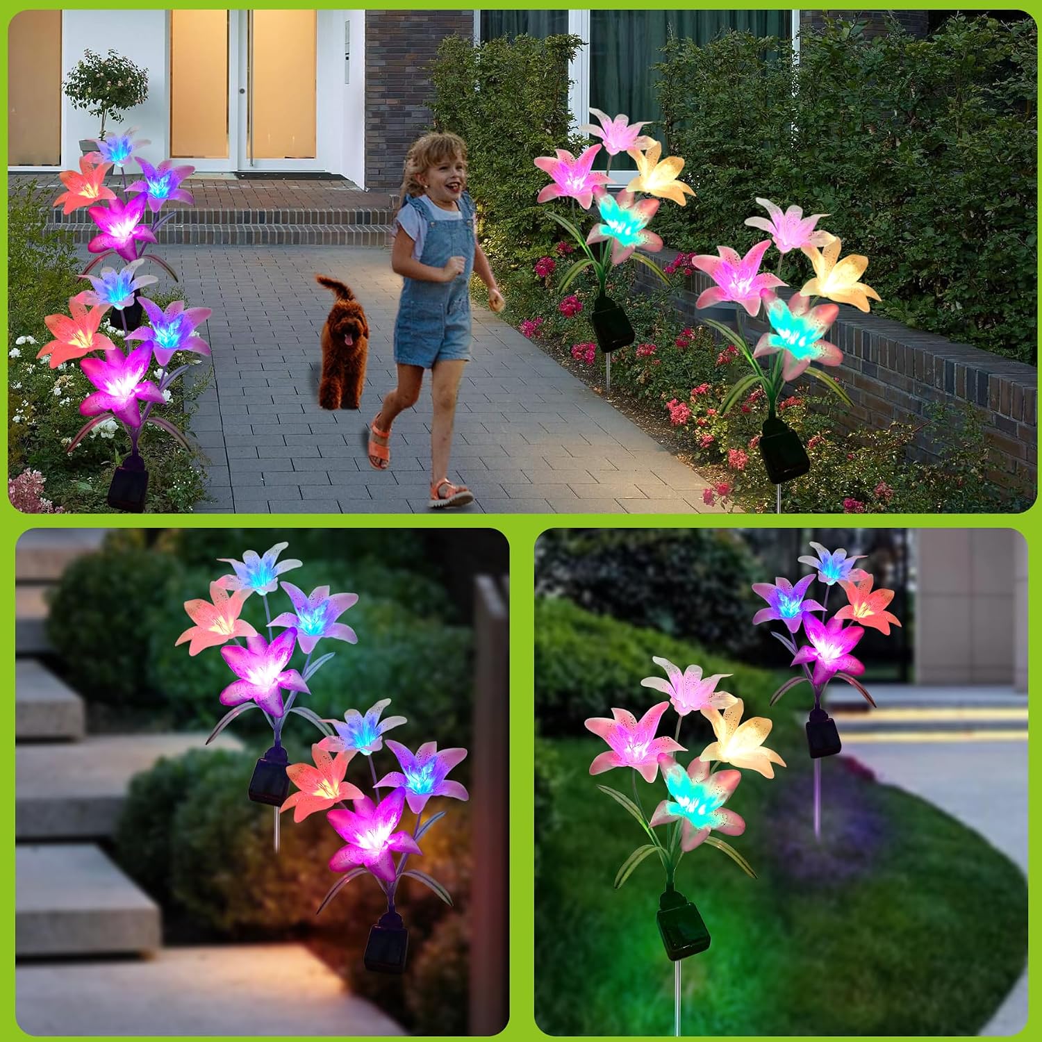 VEEKAY 4 Pack Solar Outdoor Garden Lights, 16 LED Lily Flower Shaped, Multicoloured, Warm White, IP65 Waterproof, Adjustable Stems & Leaves, Outdoor Garden, Patio, Walkways