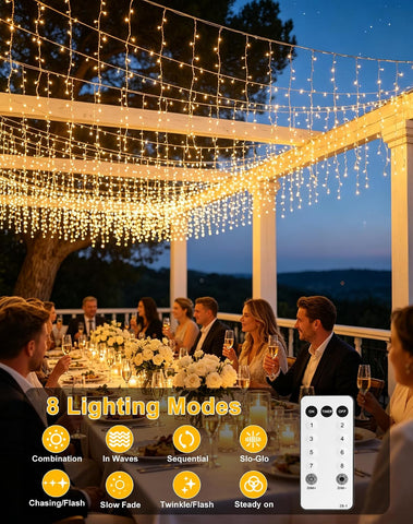 5m 200 LED Icicle Christmas Lights – Warm White Waterproof Outdoor Hanging Fairy Lights with 8 Modes, Timer & Dimmable Brightness for Roof Edges, Balconies & Patios - Give Your Home That Cosy Christmas Glow